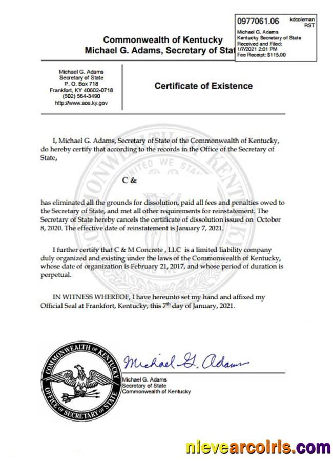 USA Kentucky certificate of good standing